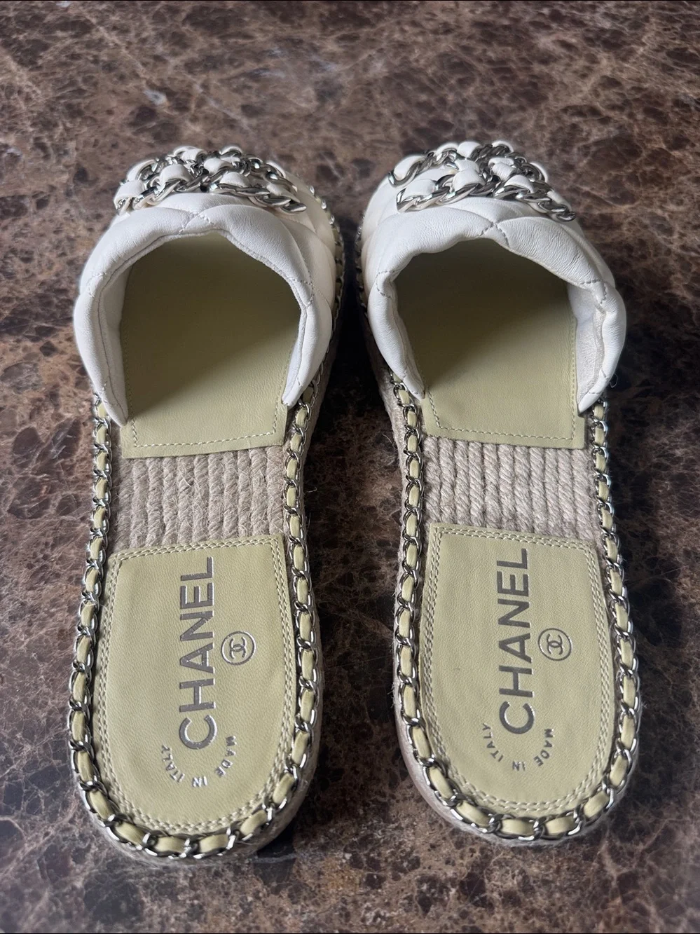 Chanel mules espadrilles flats ivory silver chain sandals sz 41